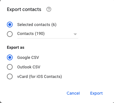 Wybierz „Google CSV” jako typ pliku do przesłania pliku CSV z komputera na iPhone'a