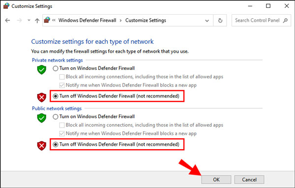 Zaznacz opcję Wyłącz zaporę systemu Windows Defender