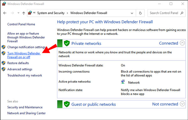 Kliknij opcję Włącz lub wyłącz Zaporę systemu Windows Defender