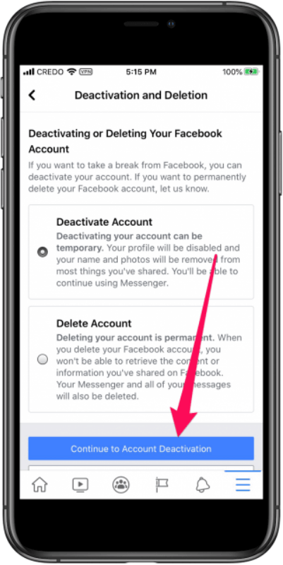Wybierz Kontynuuj dezaktywację konta po dezaktywacji konta na Facebooku