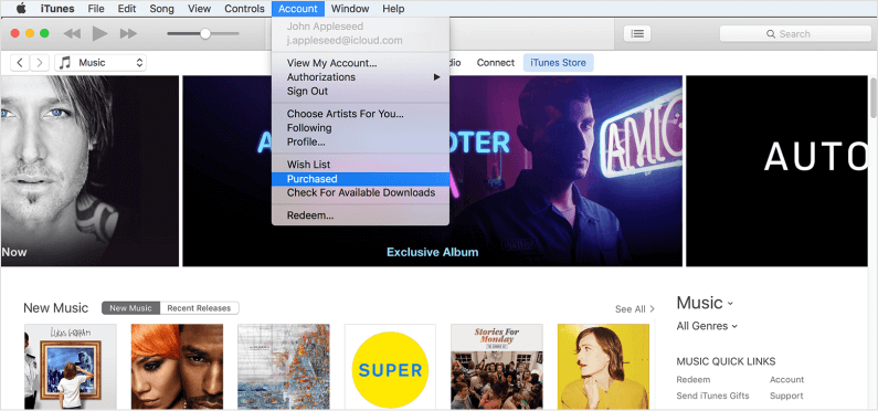 Pobieranie zakupionej muzyki na komputer przy użyciu Apple ID