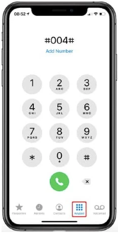 Wybieranie numeru 004, aby wyłączyć pocztę głosową na iPhonie