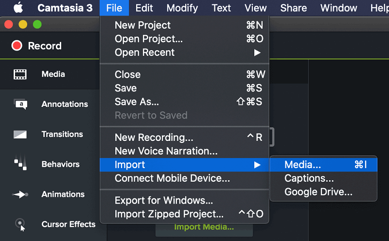 Kliknij Plik i importuj, a następnie Media w Camtasia